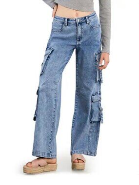 Wash Lab High Waist Straight Leg Cargo Jeans Faded Blu Denim Size 26